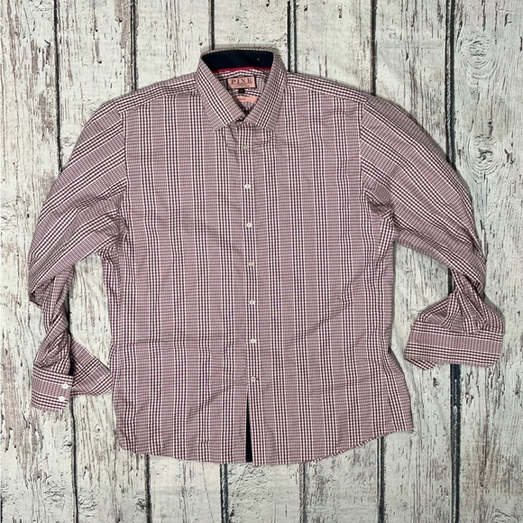 Thomas Pink Button Down Pink Plaid Long Sleeve Dress Suit Shirt Mens - Picture 1 of 5